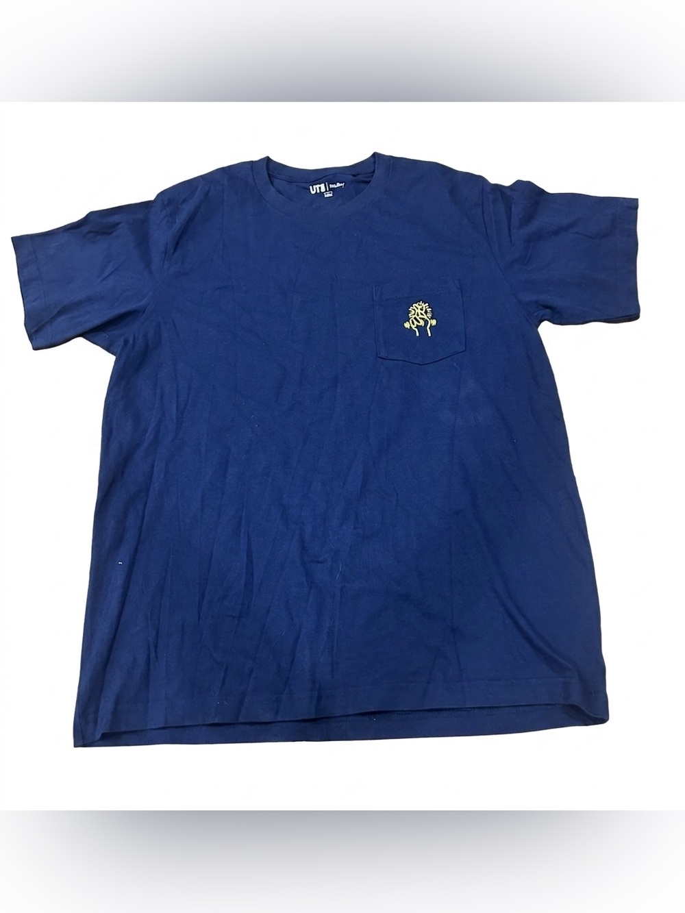Keith Haring Uniqlo UT Shirt Large L Blue Pop Art Pocket Graphic Short Sleeve